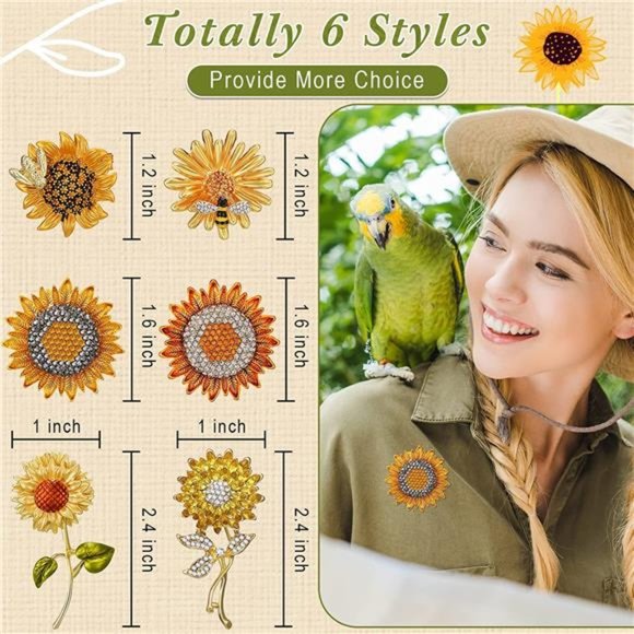 6 Pcs Sunflower Rhinestones Crystal Brooches Gold Pins for Hats - Picture 5 of 7